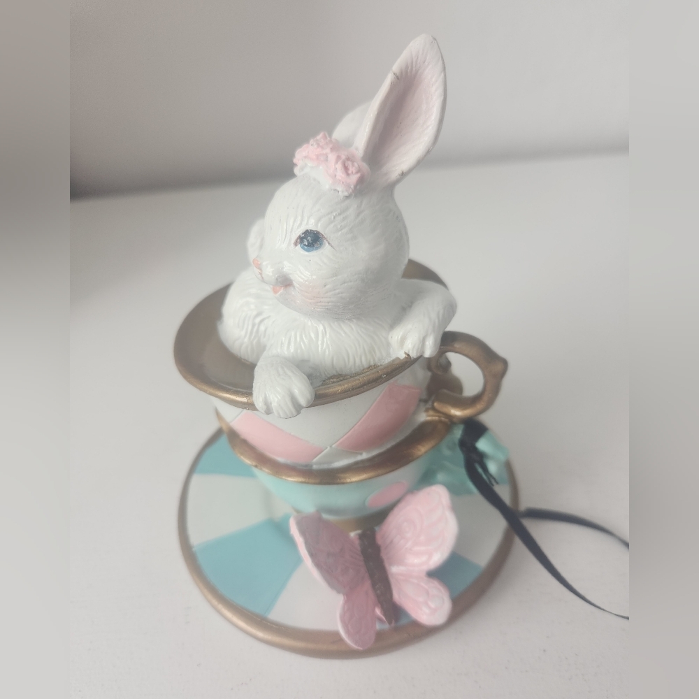 TopHat & Tails White Bunny Sitting In A Teacup Figurine with Pink Floral Crown - Picture 4 of 14